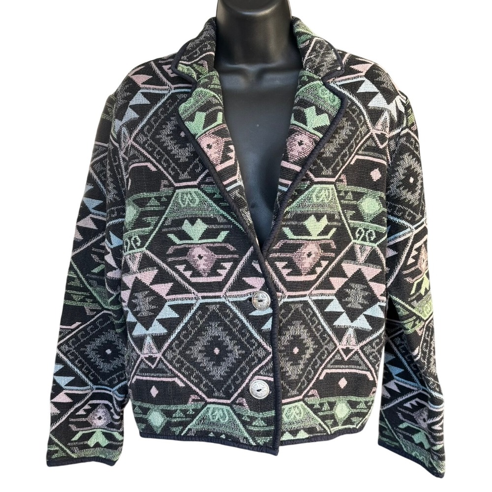 Vintage Aztec Pattern Jacket Size Small Southwest 100% Cotton Black Pink Green